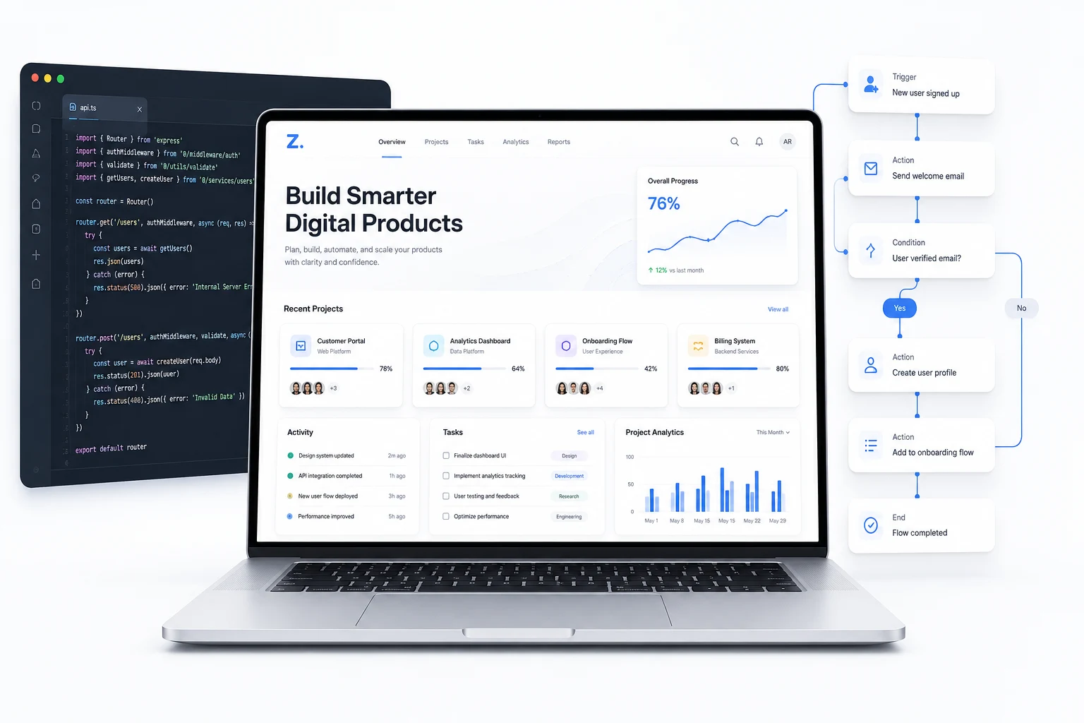 Laptop dashboard with a code editor and connected automation workflow