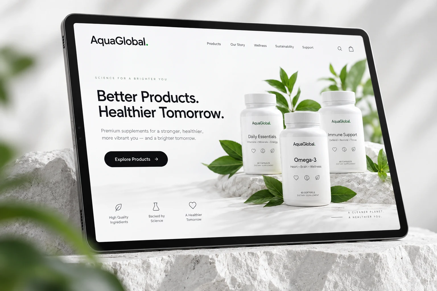 AquaGlobal website displayed on a tablet