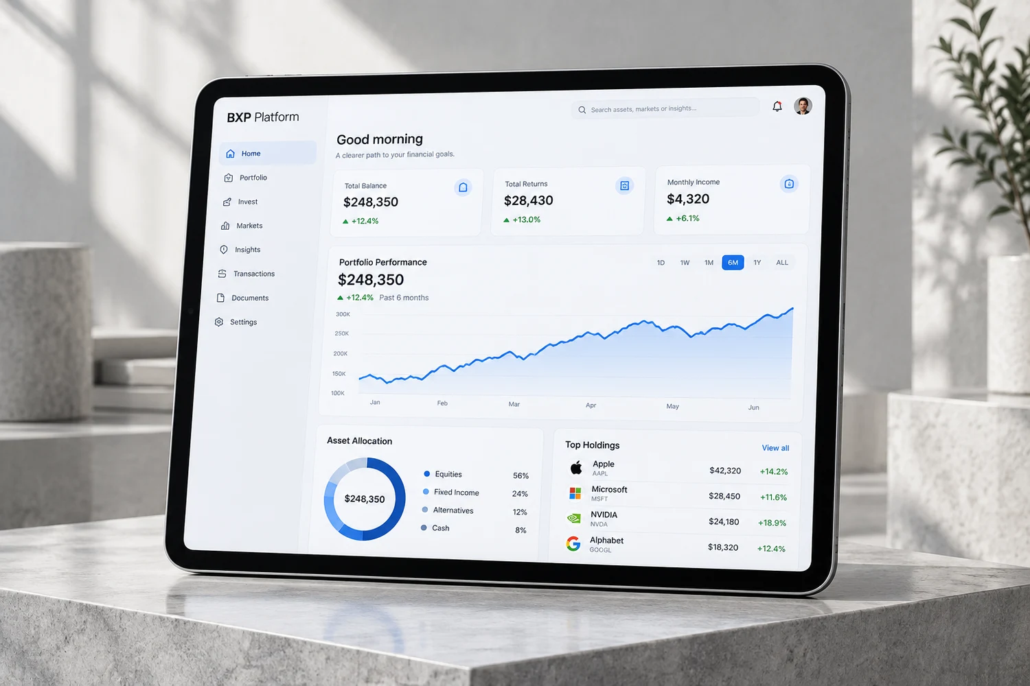 bxp platform interface presented in a studio device mockup