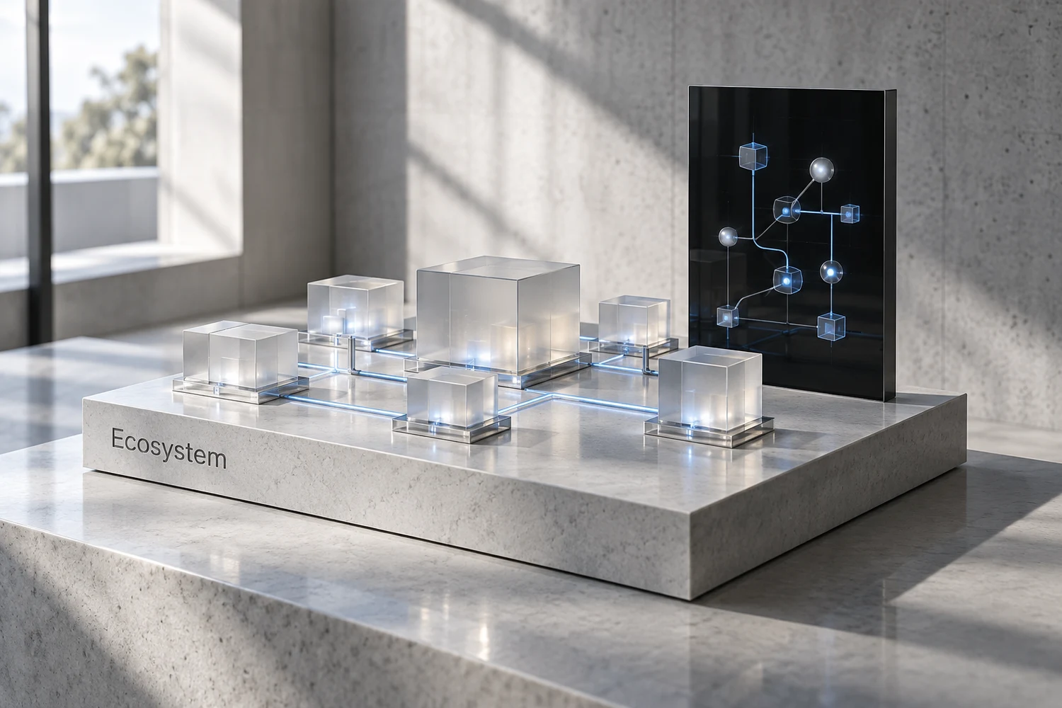 Conceptual system architecture rendered as connected glass modules