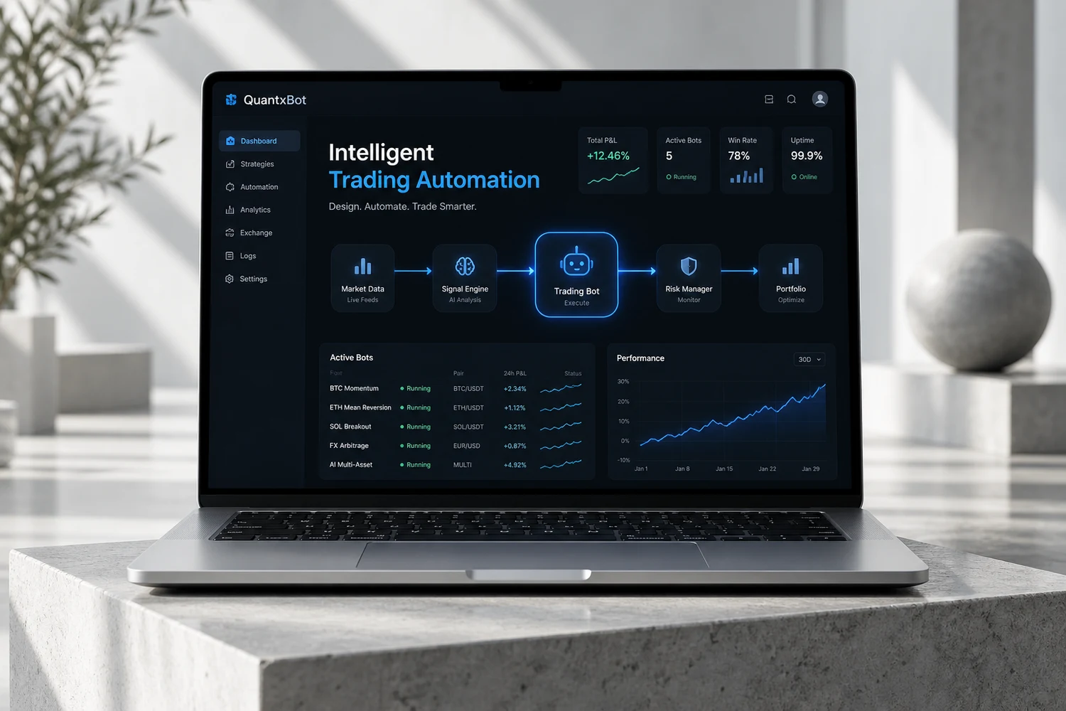 quantxbot interface presented in a studio device mockup