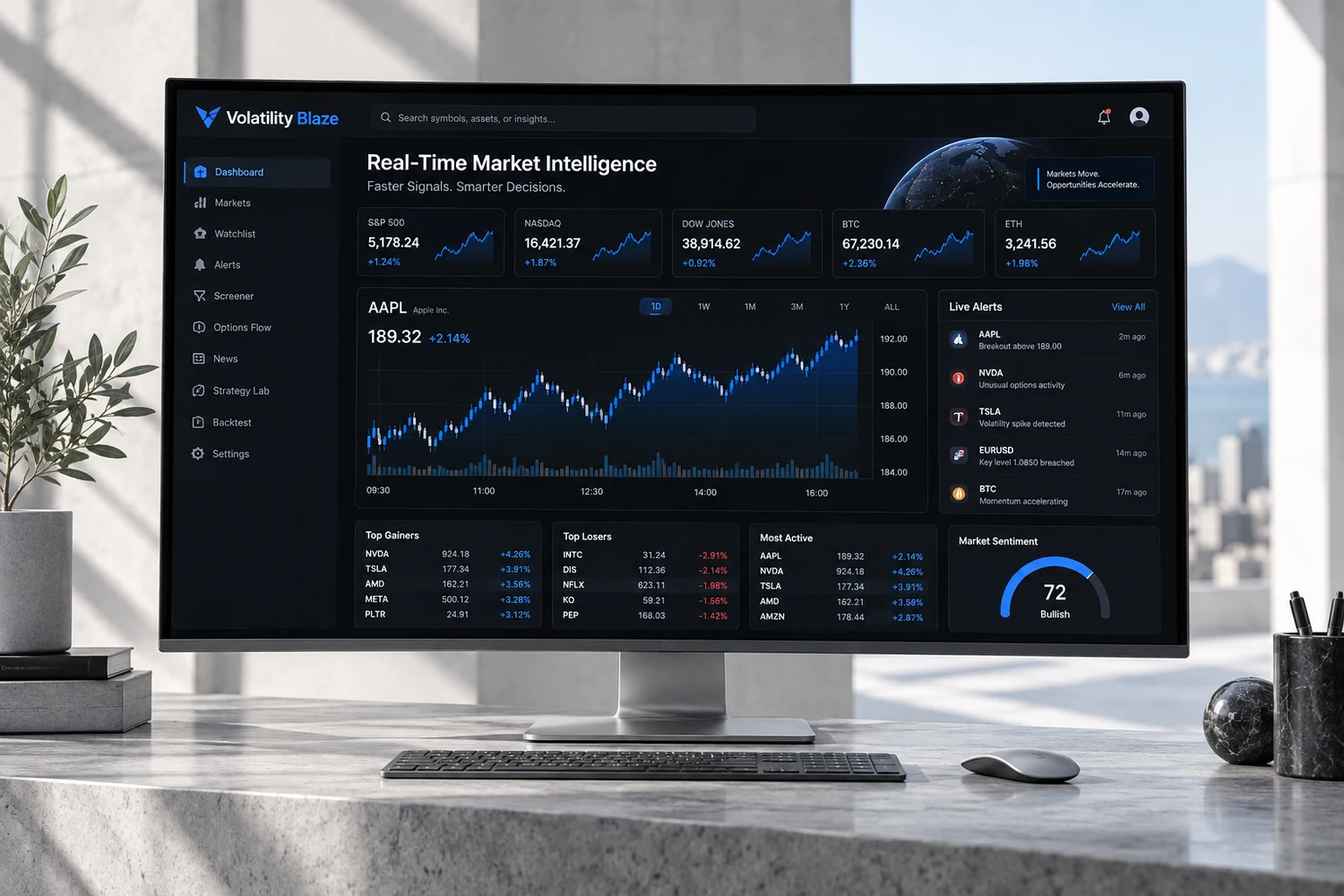 volatility blaze interface presented in a studio device mockup